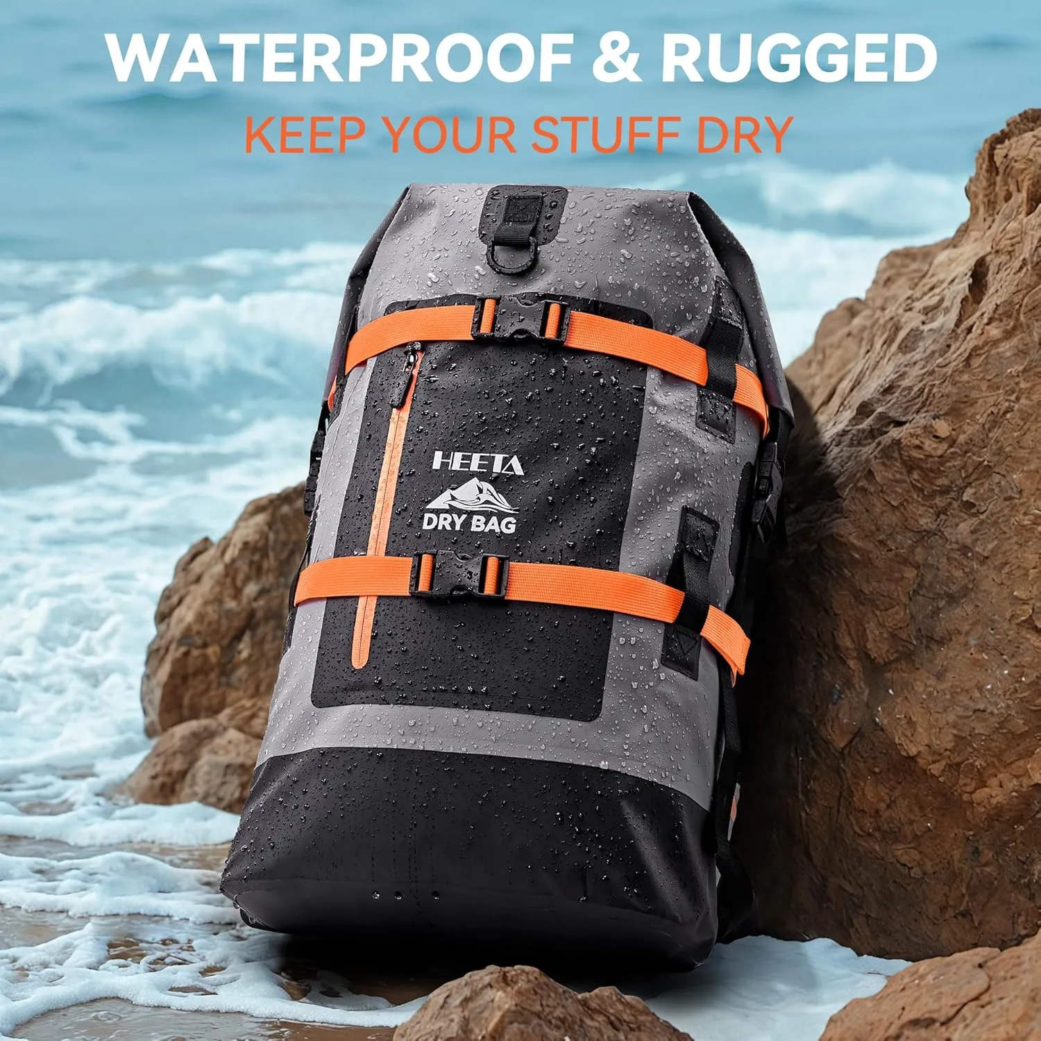 HEETA Waterproof Dry Bags Backpack 40L for Men & Women, Roll Top Heavy Duty Cushioned Hiking Backpack for Kayaking Boating Paddle Boarding Travel Camping Beach Vacation Cruise Ship Essentials, Black