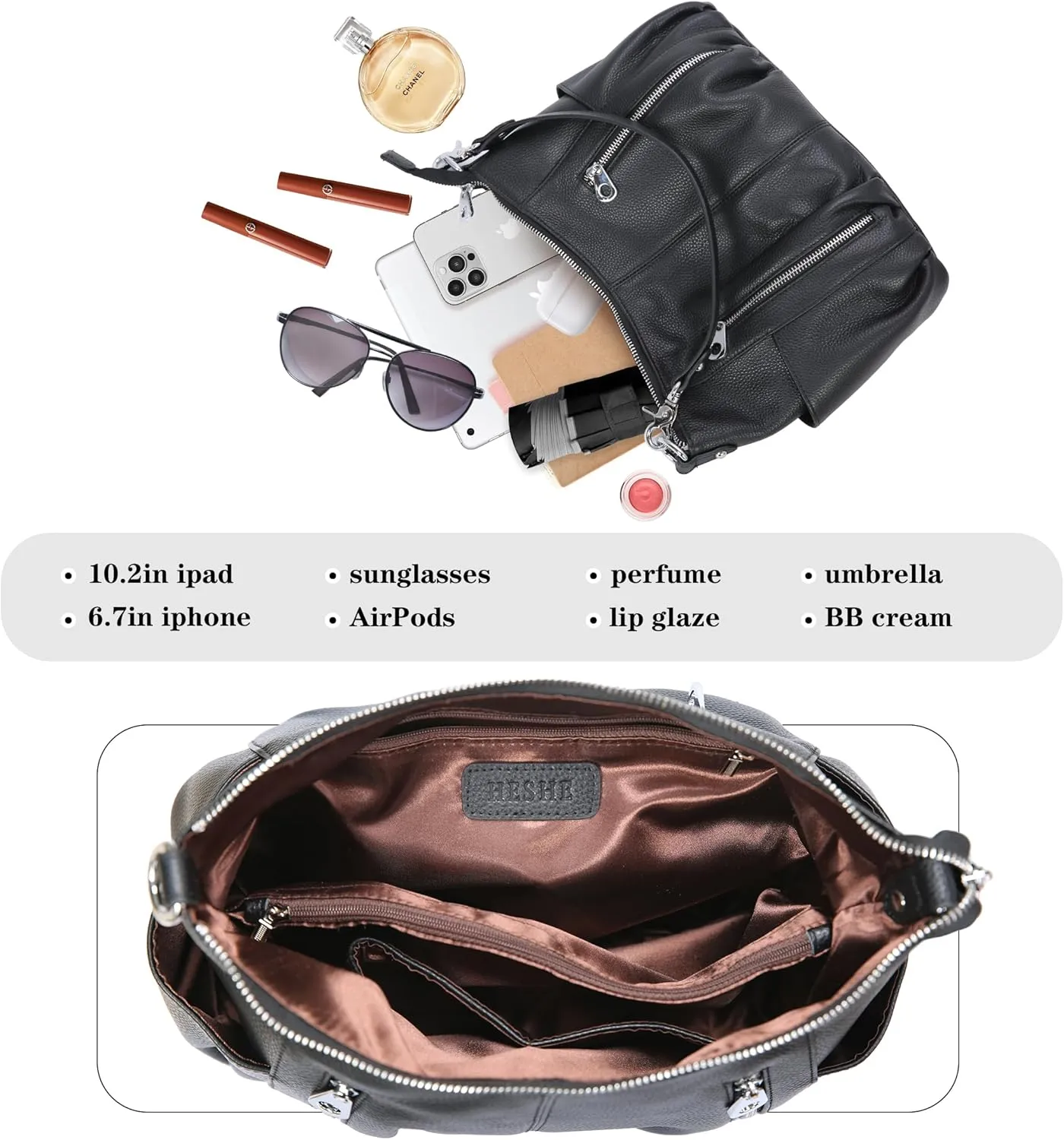 HESHE Genuine Leather Purses for Women Shoulder Hobo Bag Crossbody Satchel Handbags Designer Ladies Totes Purse