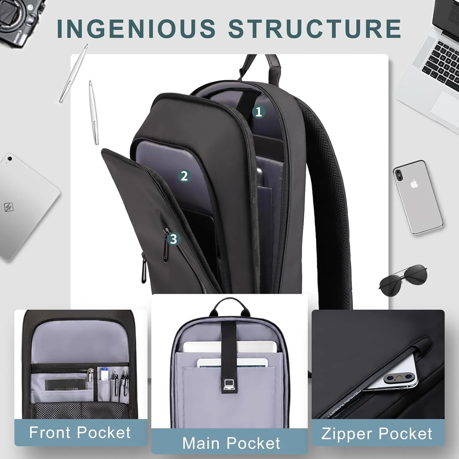hk Backpack for Men Business Slim Backpack with USB Charger Computer Lightweight Anti-theft Travel Backpacks 17.3 inch Water Resistant Laptop Bag for Work Office College-Black