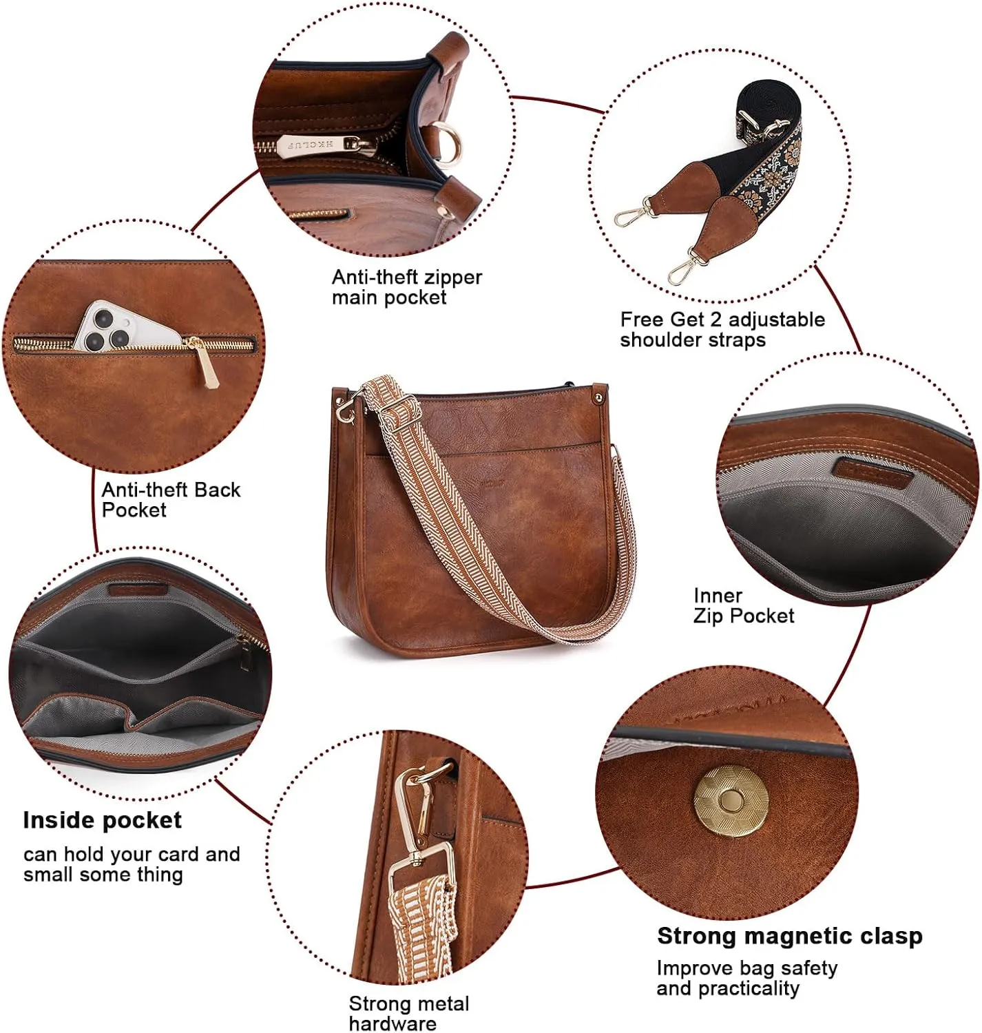 HKCLUF Crossbody Bag Purse for Women 2PCS/Set Leather Hobo Handbag Wallet Set With 2Adjustable Guitar Strap Shoulder Bag