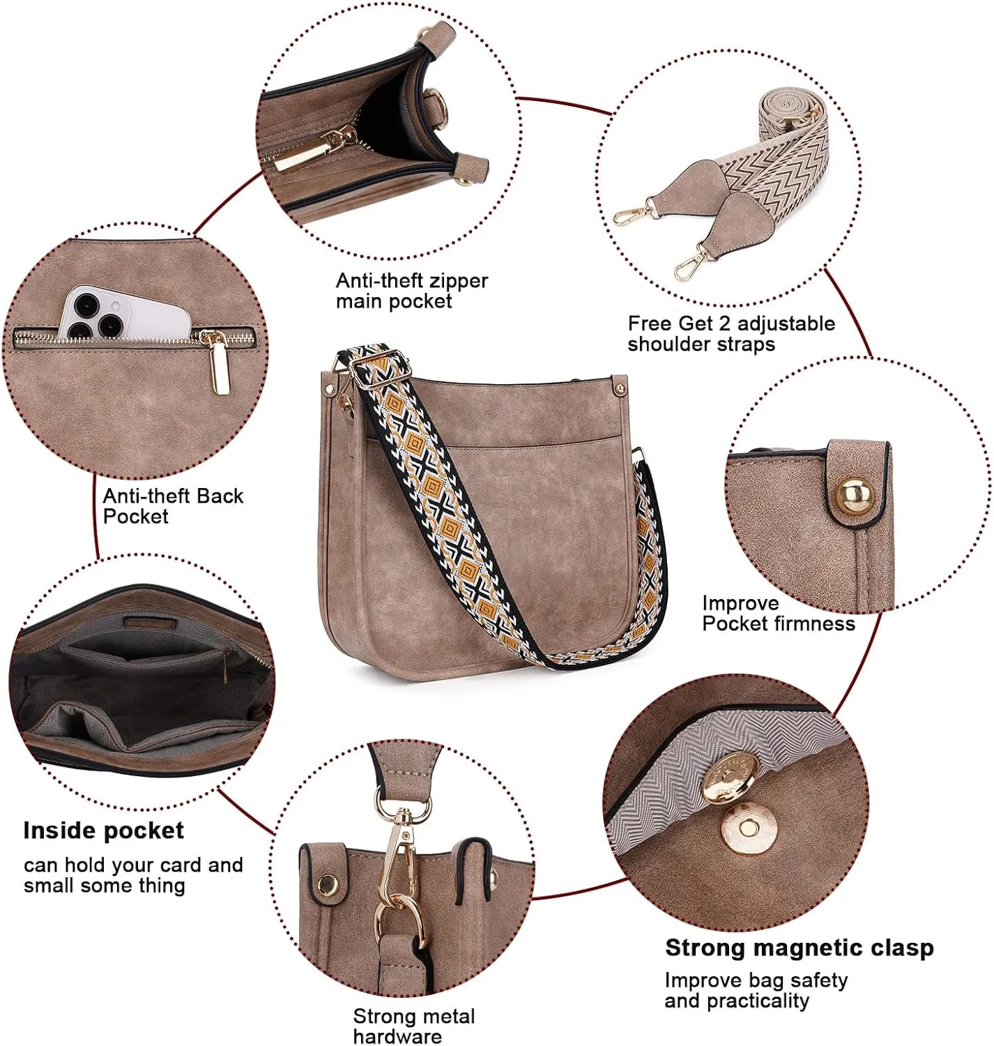 HKCLUF Crossbody Bag Purse for Women 2PCS/Set Leather Hobo Handbag Wallet Set With 2Adjustable Guitar Strap Shoulder Bag