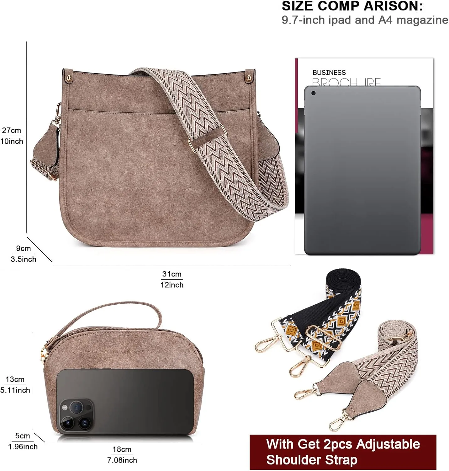 HKCLUF Crossbody Bag Purse for Women 2PCS/Set Leather Hobo Handbag Wallet Set With 2Adjustable Guitar Strap Shoulder Bag