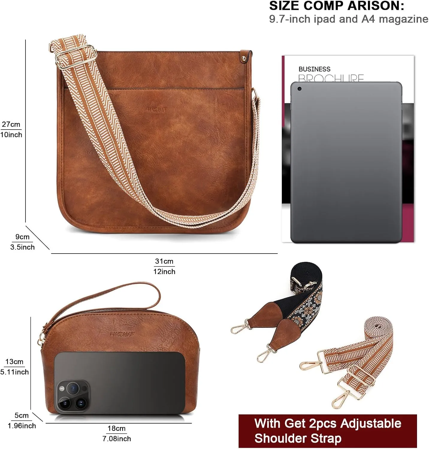 HKCLUF Crossbody Bag Purse for Women 2PCS/Set Leather Hobo Handbag Wallet Set With 2Adjustable Guitar Strap Shoulder Bag