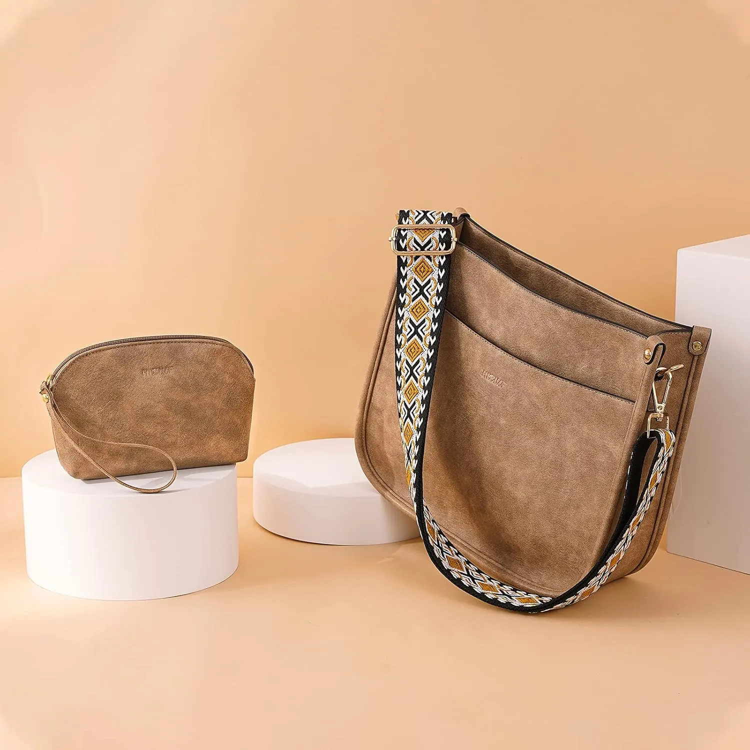 HKCLUF Crossbody Bag Purse for Women 2PCS/Set Leather Hobo Handbag Wallet Set With 2Adjustable Guitar Strap Shoulder Bag