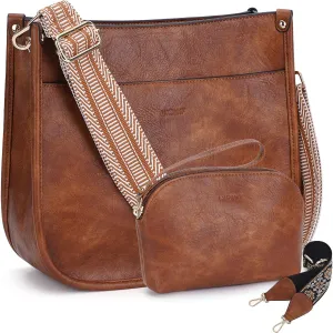 HKCLUF Crossbody Bag Purse for Women 2PCS/Set Leather Hobo Handbag Wallet Set With 2Adjustable Guitar Strap Shoulder Bag