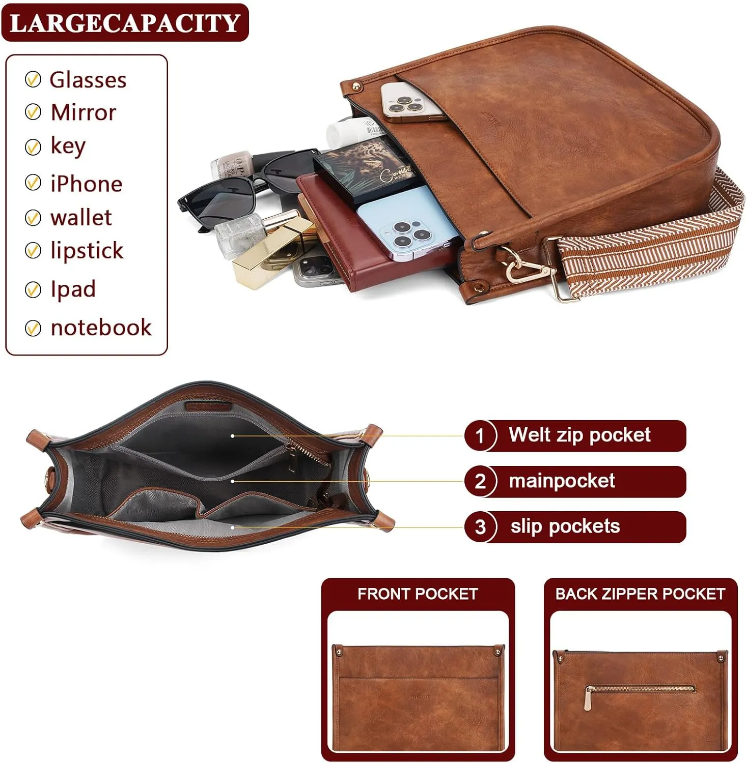 HKCLUF Crossbody Bag Purse for Women 2PCS/Set Leather Hobo Handbag Wallet Set With 2Adjustable Guitar Strap Shoulder Bag
