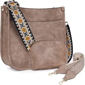 HKCLUF Crossbody Bag Purse for Women 2PCS/Set Leather Hobo Handbag Wallet Set With 2Adjustable Guitar Strap Shoulder Bag