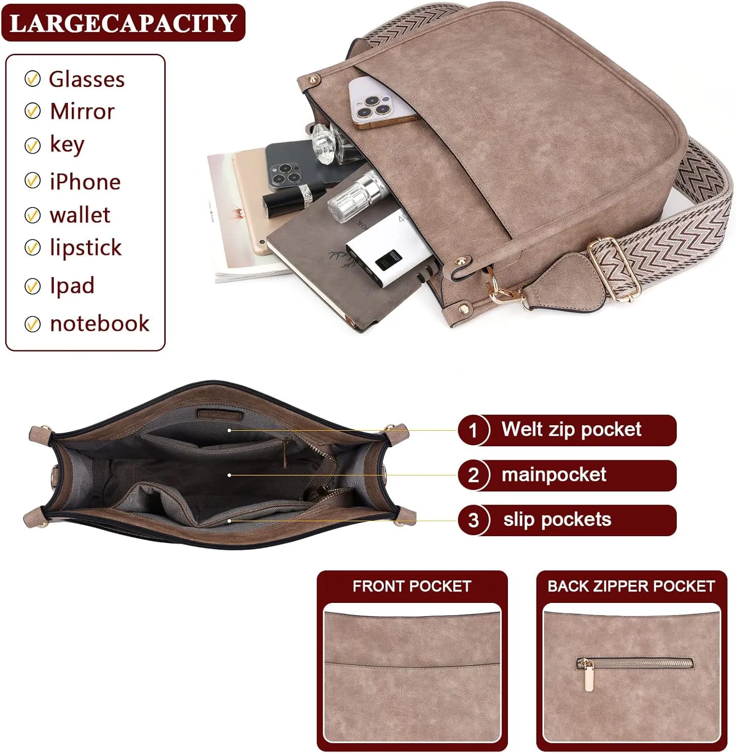 HKCLUF Crossbody Bag Purse for Women 2PCS/Set Leather Hobo Handbag Wallet Set With 2Adjustable Guitar Strap Shoulder Bag