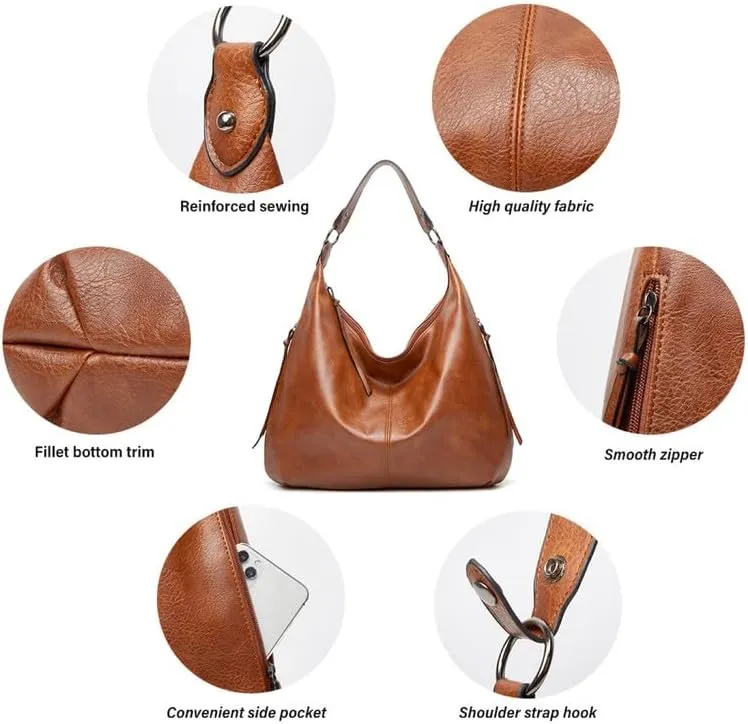Hobo Bag for Women, Leather Tote Bag, Shoulder Purse Handbag with Zipper