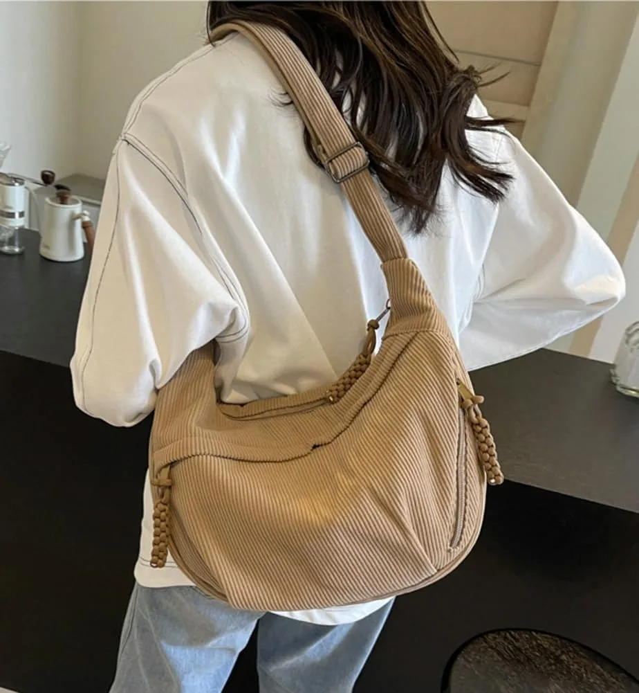 Hobo Bag for Women Men Crescent Shoulder Bag Retro Nylon Canvas Crossbody Bag Slouchy Corduroy Dumpling Bag Purse