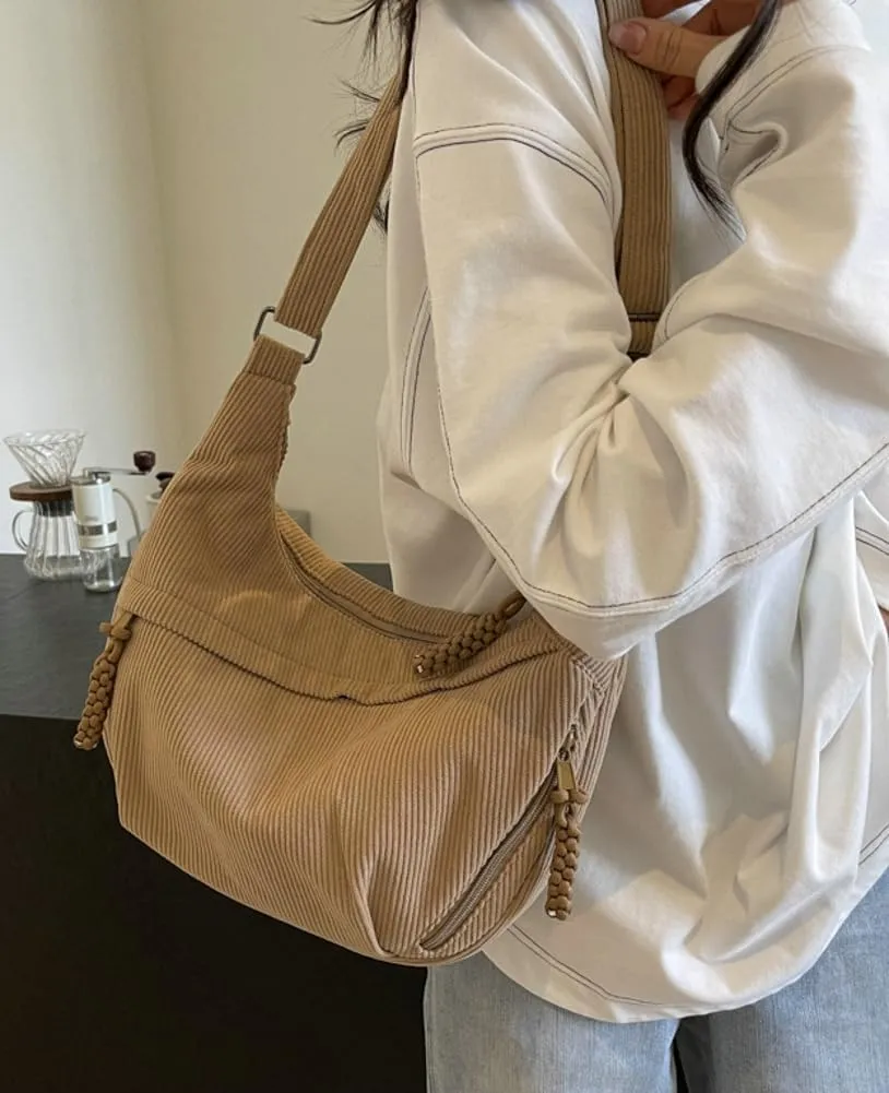 Hobo Bag for Women Men Crescent Shoulder Bag Retro Nylon Canvas Crossbody Bag Slouchy Corduroy Dumpling Bag Purse