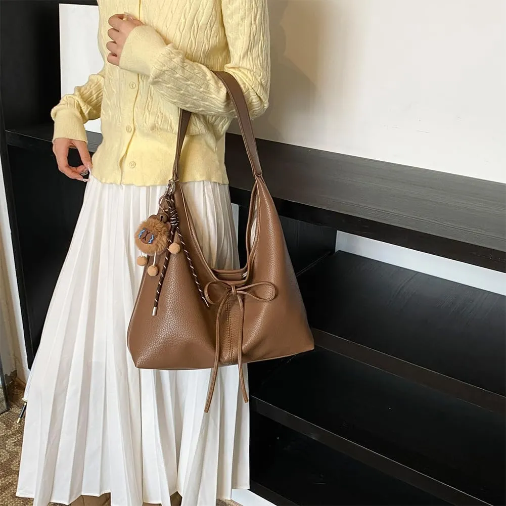 Hobo bag for Women,PU Leather Shoulder bag Slouchy Tote Bags Designer Handbag Bow with Doll Accessories