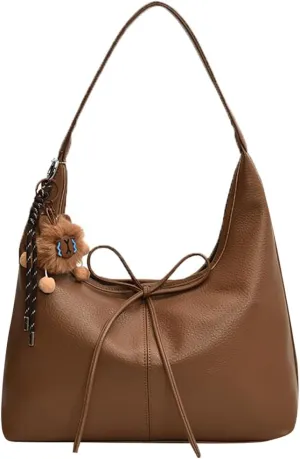 Hobo bag for Women,PU Leather Shoulder bag Slouchy Tote Bags Designer Handbag Bow with Doll Accessories