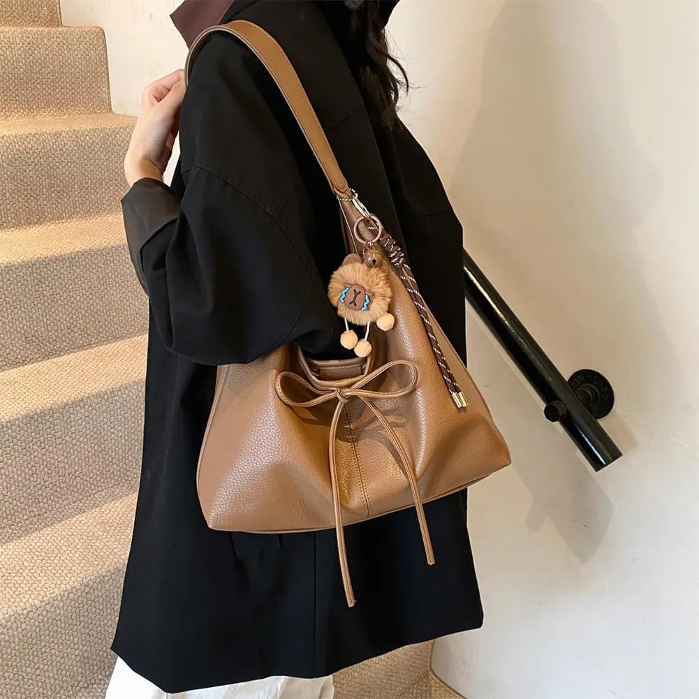 Hobo bag for Women,PU Leather Shoulder bag Slouchy Tote Bags Designer Handbag Bow with Doll Accessories