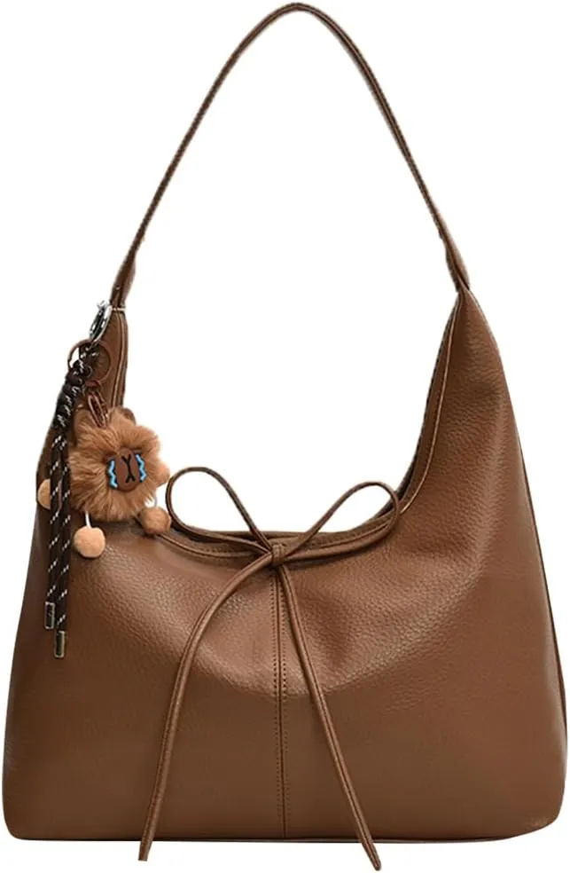 Hobo bag for Women,PU Leather Shoulder bag Slouchy Tote Bags Designer Handbag Bow with Doll Accessories