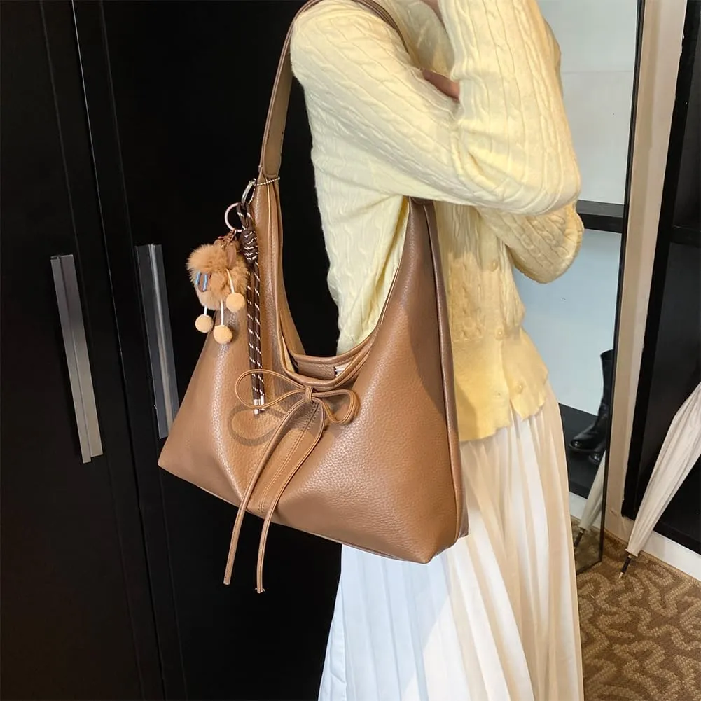 Hobo bag for Women,PU Leather Shoulder bag Slouchy Tote Bags Designer Handbag Bow with Doll Accessories
