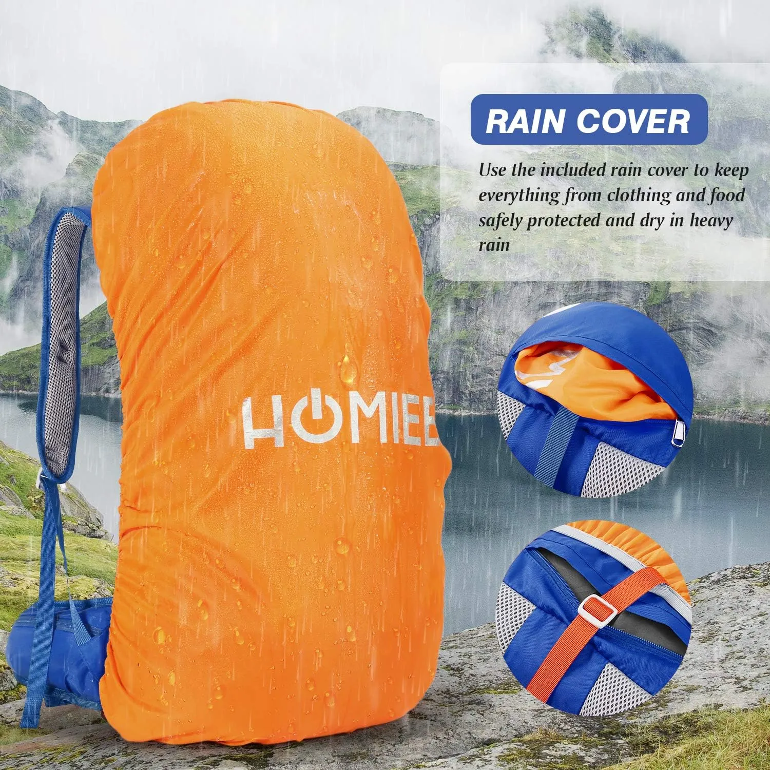 HOMIEE 50L Hiking Backpack Travel Bag Waterproof Camping Rucksack with Rain Cover Lightweight Backpacking Backpack