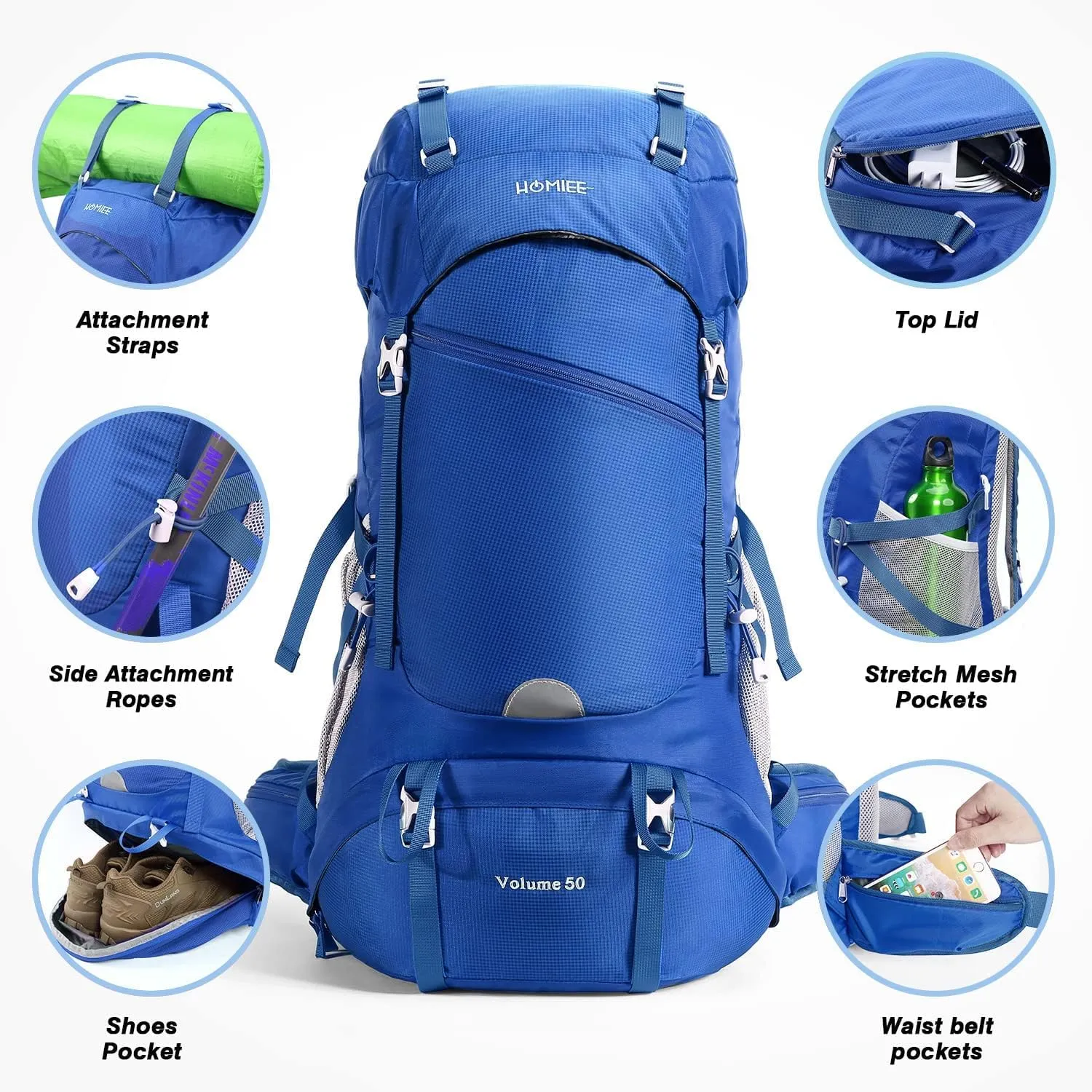 HOMIEE 50L Hiking Backpack Travel Bag Waterproof Camping Rucksack with Rain Cover Lightweight Backpacking Backpack