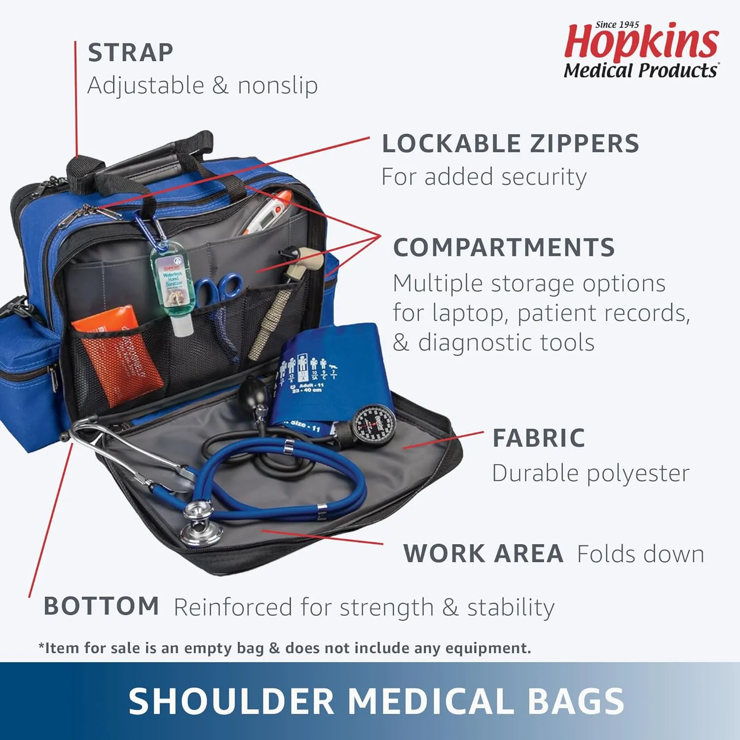 Hopkins Medical Products Mark V Shoulder Bag, HIPAA Compliant Lockable Zippers for Security, Adjustable Straps and Reinforced Bottom, Fold-Down Compartment for Easy Access, 13x11.25x7.5 inch, Teal
