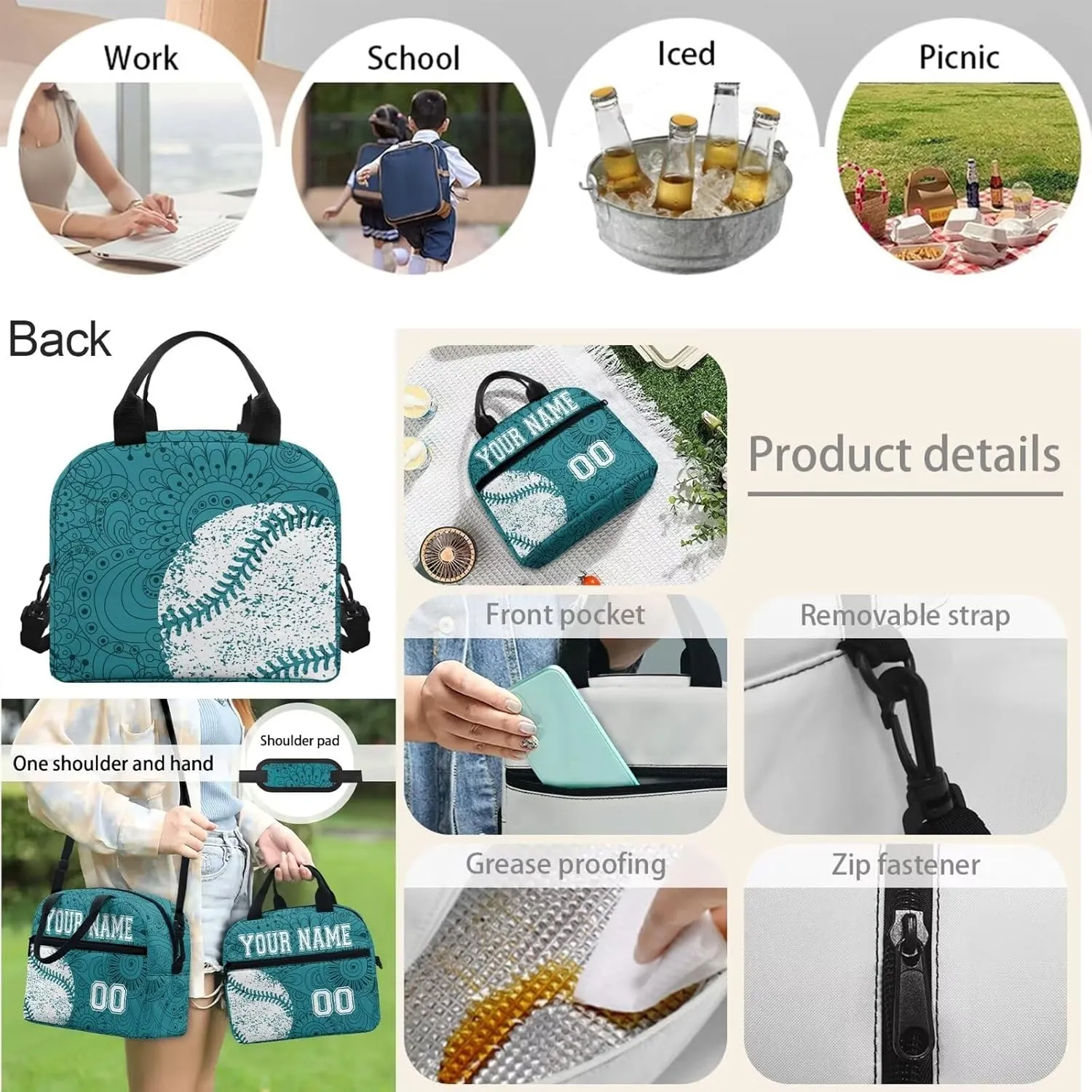 Howilath 4Pcs Personalized Customized Name Kids Backpack For Girls,Blue Boho Mandala Baseball Pattern Student School Backpack With Lunch Bag Pen Bag Set