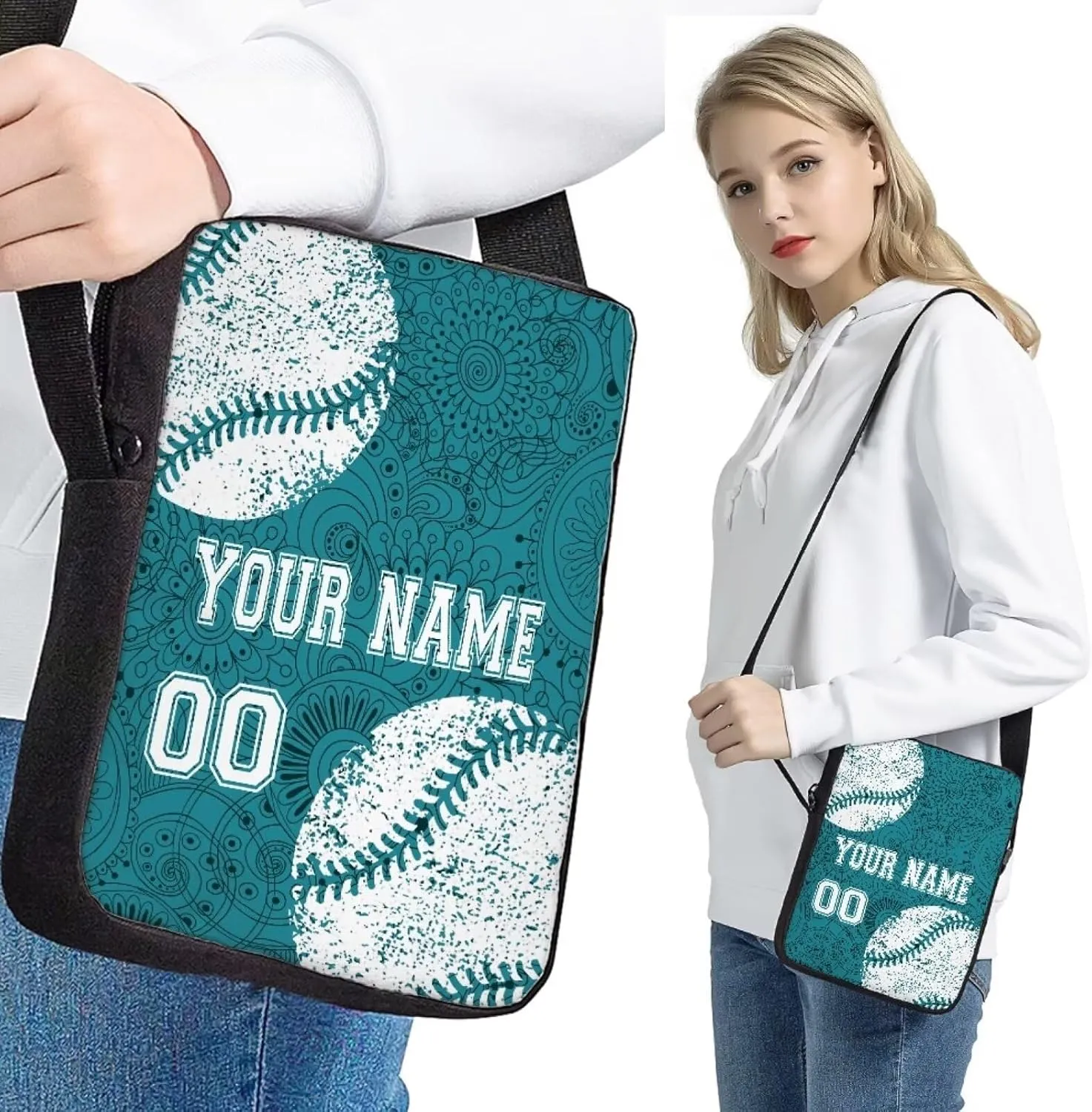 Howilath 4Pcs Personalized Customized Name Kids Backpack For Girls,Blue Boho Mandala Baseball Pattern Student School Backpack With Lunch Bag Pen Bag Set