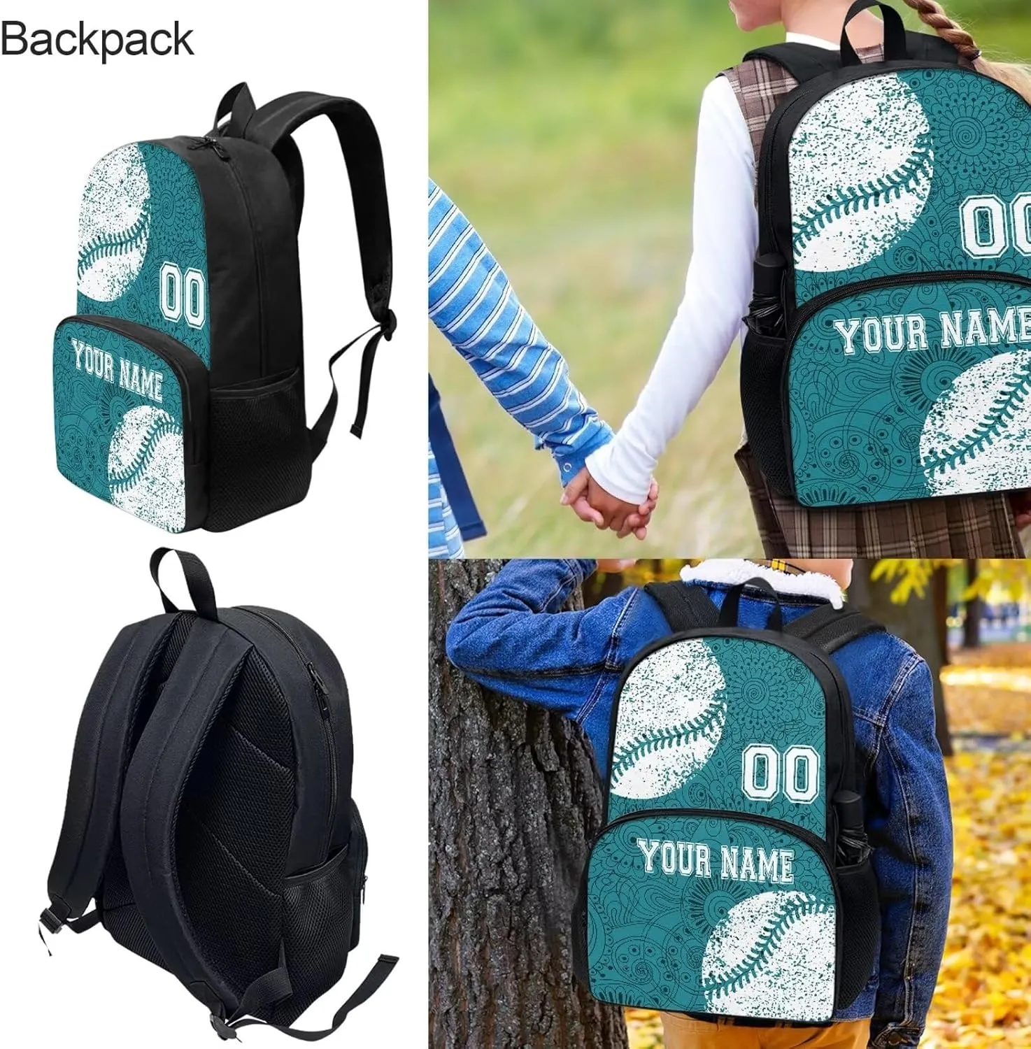 Howilath 4Pcs Personalized Customized Name Kids Backpack For Girls,Blue Boho Mandala Baseball Pattern Student School Backpack With Lunch Bag Pen Bag Set