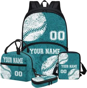 Howilath 4Pcs Personalized Customized Name Kids Backpack For Girls,Blue Boho Mandala Baseball Pattern Student School Backpack With Lunch Bag Pen Bag Set