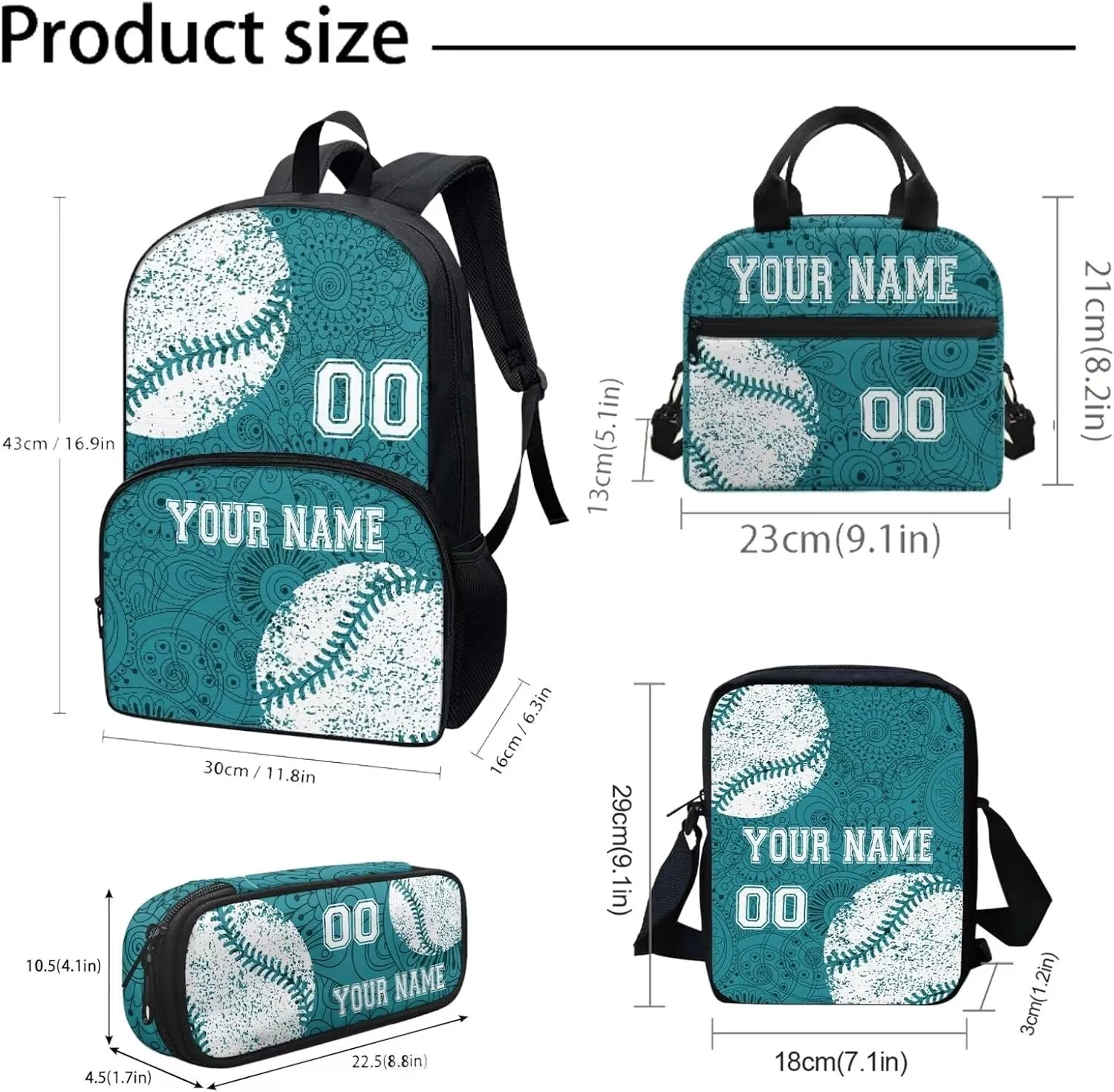 Howilath 4Pcs Personalized Customized Name Kids Backpack For Girls,Blue Boho Mandala Baseball Pattern Student School Backpack With Lunch Bag Pen Bag Set
