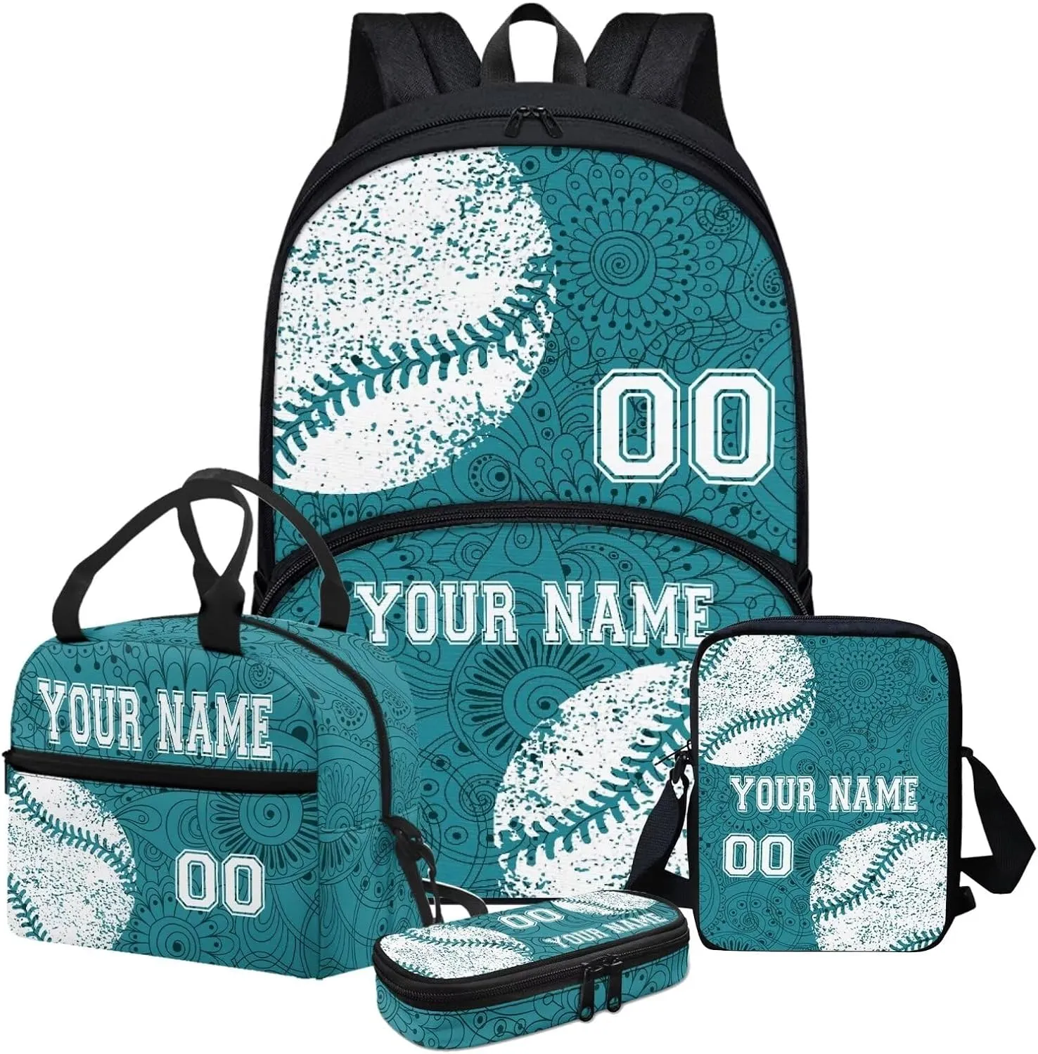 Howilath 4Pcs Personalized Customized Name Kids Backpack For Girls,Blue Boho Mandala Baseball Pattern Student School Backpack With Lunch Bag Pen Bag Set