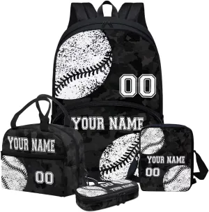 Howilath Black Camo Baseball Pattern 4PCS Personalized Customized Name Backpack for Boys Girls, Kids School Backpack Set with Lunch Box Pencil Case
