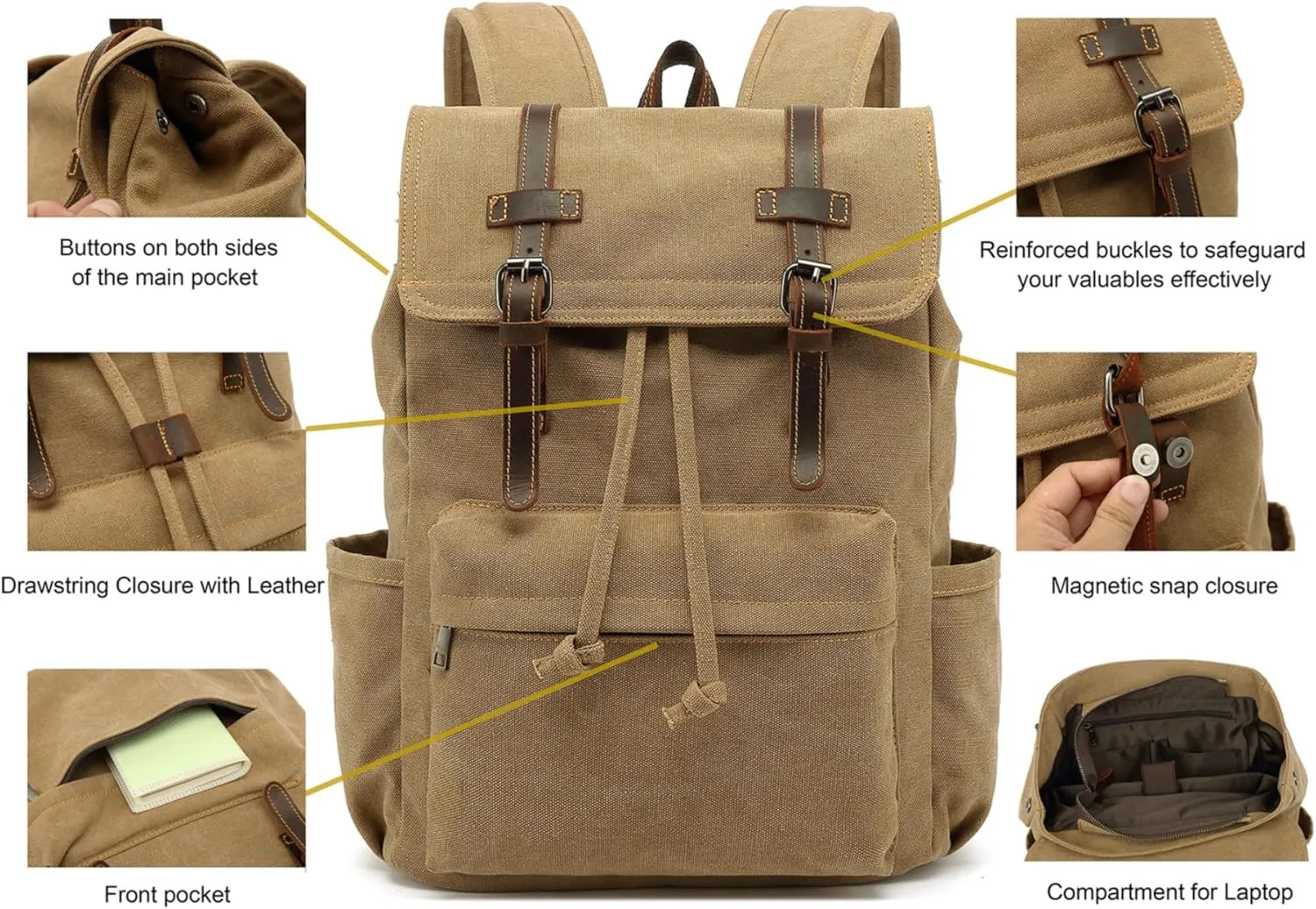 HuaChen Vintage Canvas Backpack, Mens Travel Rucksack for Laptop Hiking bag (M83_Black)