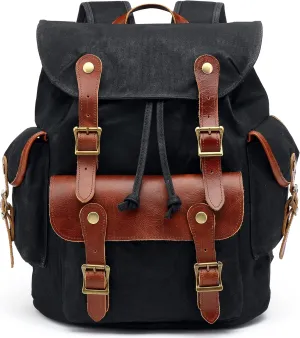 HuaChen Vintage Waxed Canvas Leather Backpack for Men, Military Tactical Army Camping Rucksack for Travel