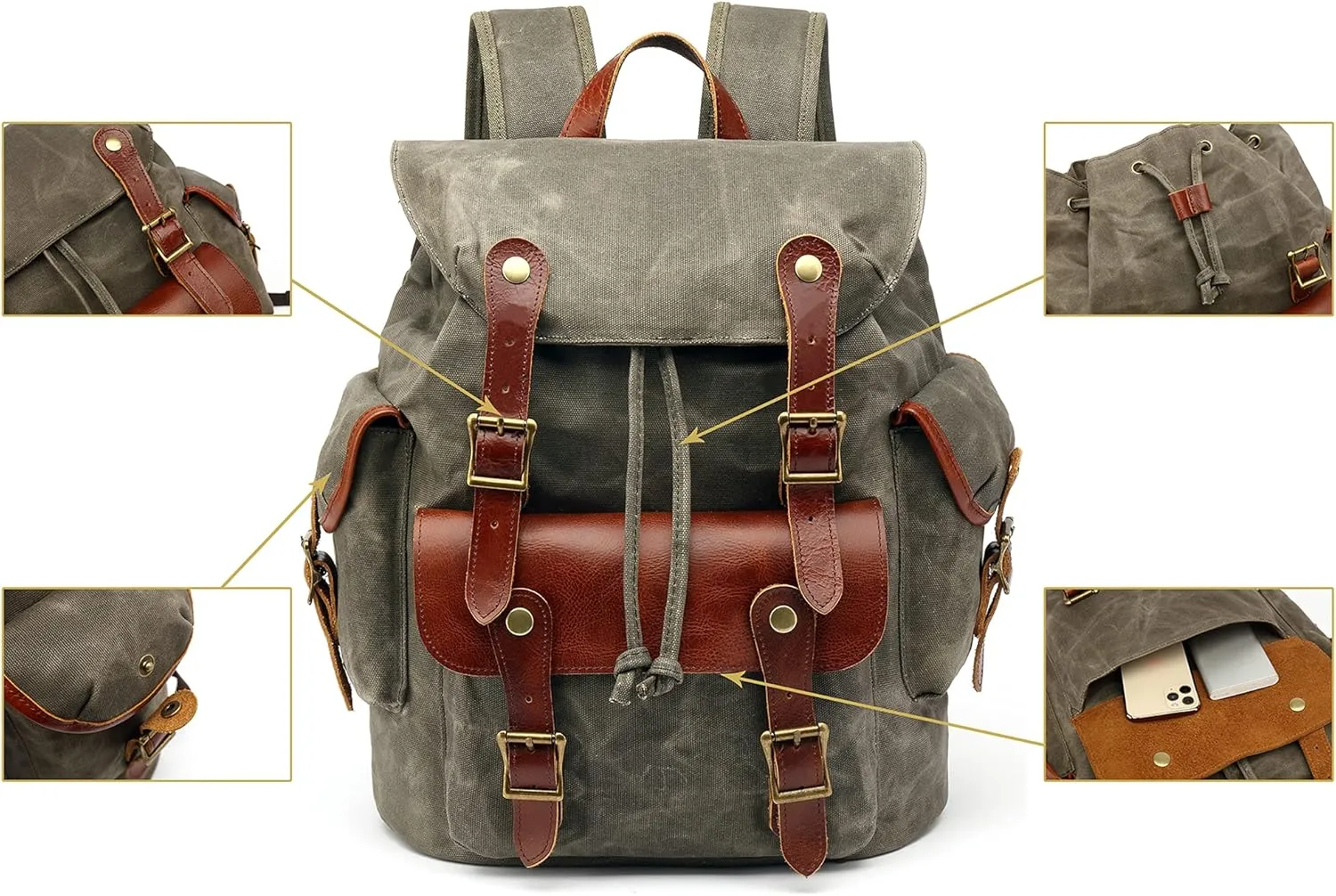 HuaChen Vintage Waxed Canvas Leather Backpack for Men, Military Tactical Army Camping Rucksack for Travel