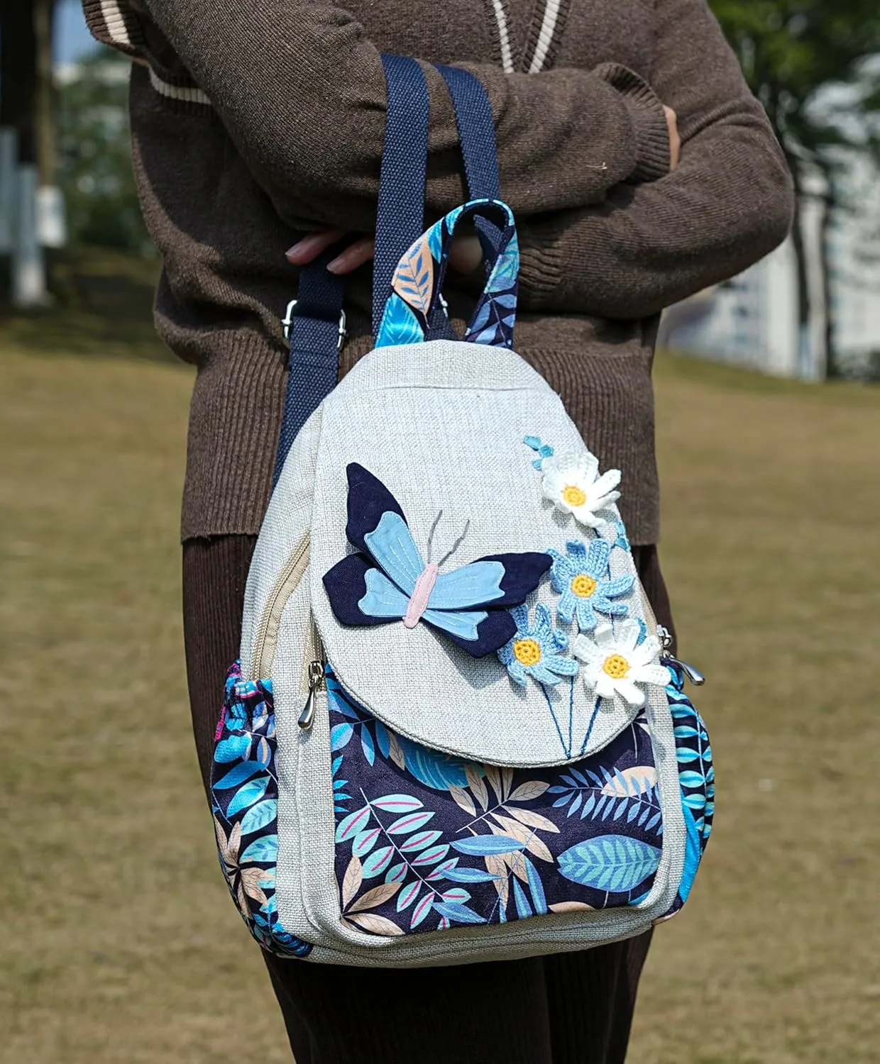 HUANGGUOSHU Women Cotton Woven Hippie Hemp Boho Canvas Embroidery Multi Pocket Retro Cute Backpack Wallet Backpack（Black butterfly）
