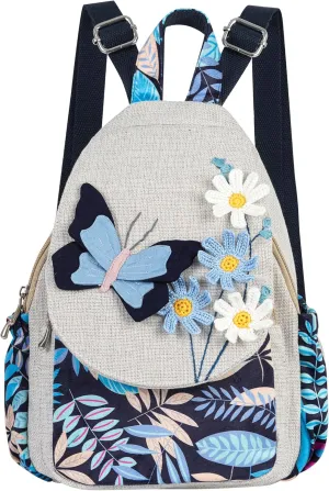 HUANGGUOSHU Women Cotton Woven Hippie Hemp Boho Canvas Embroidery Multi Pocket Retro Cute Backpack Wallet Backpack（Black butterfly）