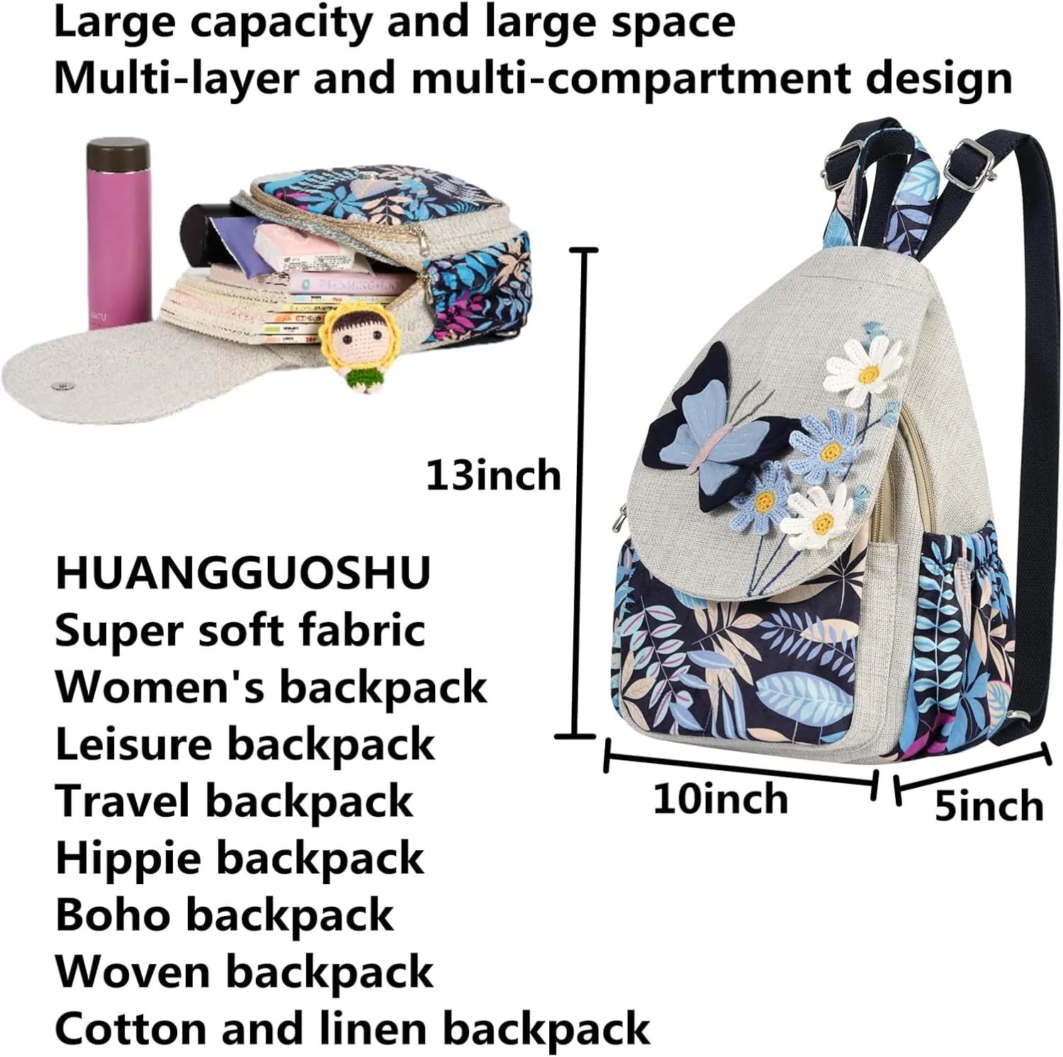 HUANGGUOSHU Women Cotton Woven Hippie Hemp Boho Canvas Embroidery Multi Pocket Retro Cute Backpack Wallet Backpack（Black butterfly）