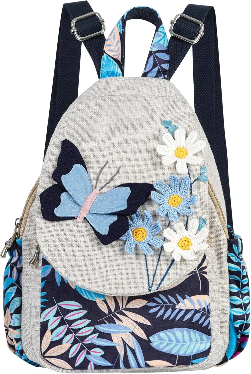 HUANGGUOSHU Women Cotton Woven Hippie Hemp Boho Canvas Embroidery Multi Pocket Retro Cute Backpack Wallet Backpack（Black butterfly）