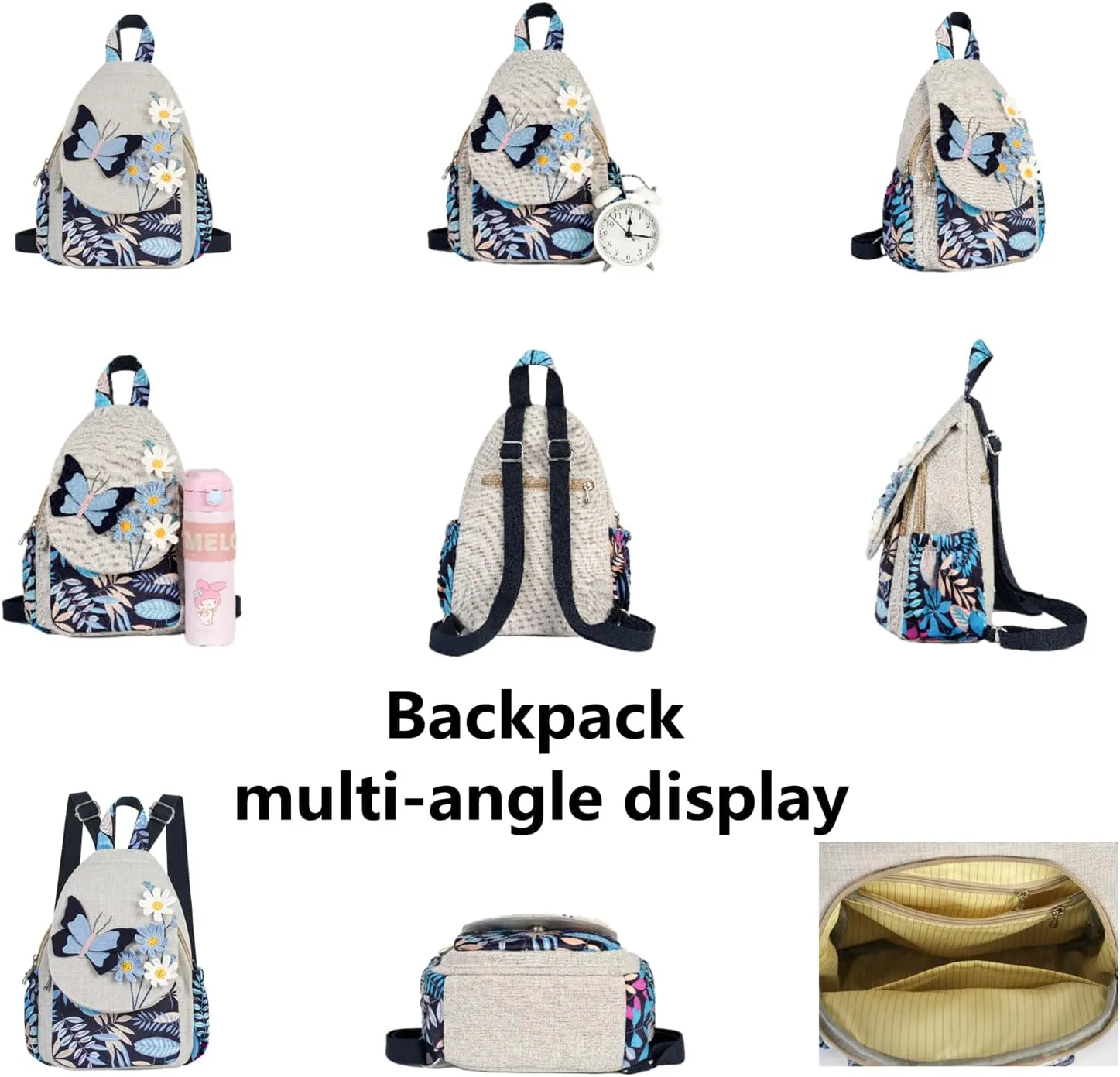 HUANGGUOSHU Women Cotton Woven Hippie Hemp Boho Canvas Embroidery Multi Pocket Retro Cute Backpack Wallet Backpack（Black butterfly）
