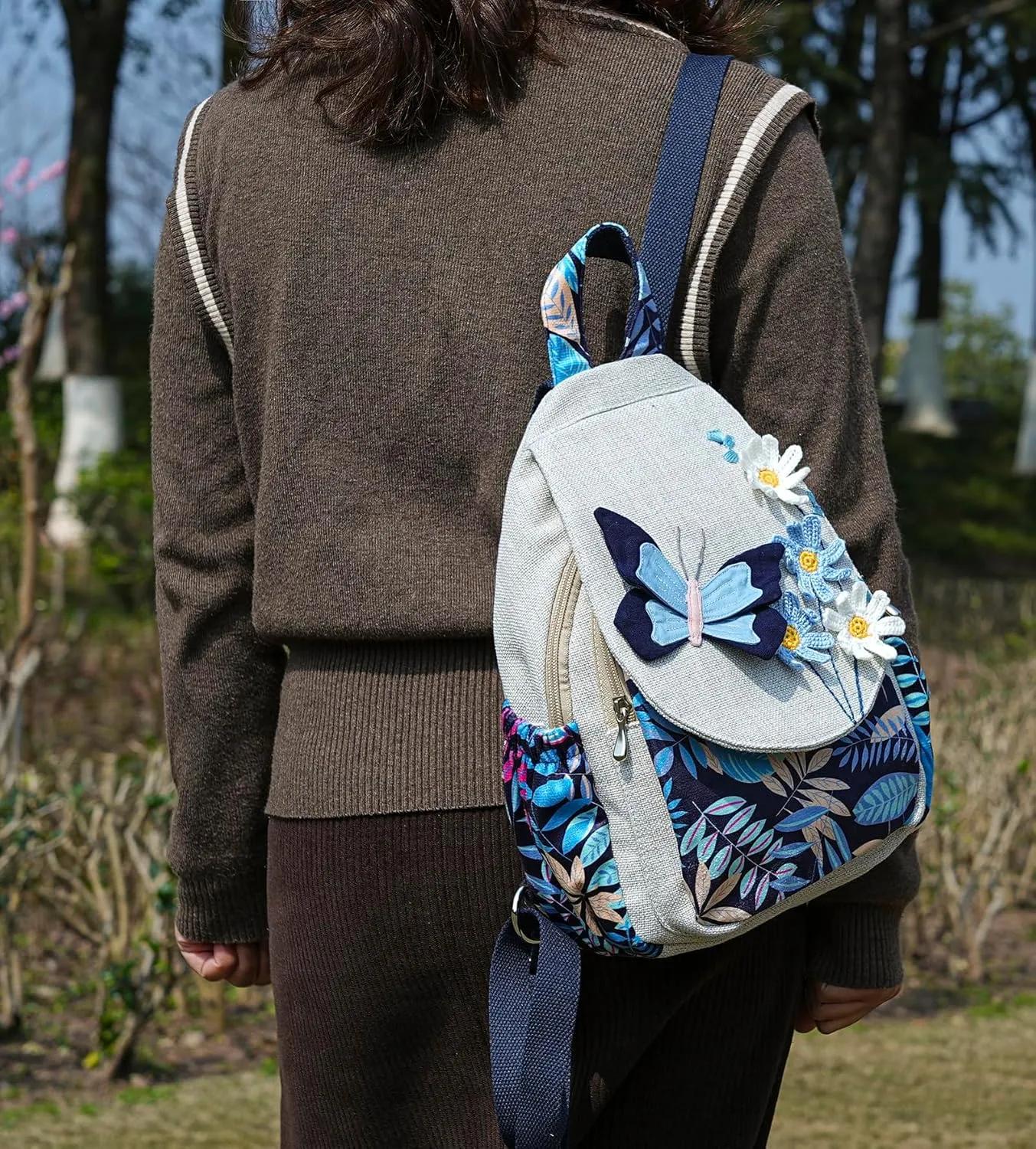 HUANGGUOSHU Women Cotton Woven Hippie Hemp Boho Canvas Embroidery Multi Pocket Retro Cute Backpack Wallet Backpack（Black butterfly）