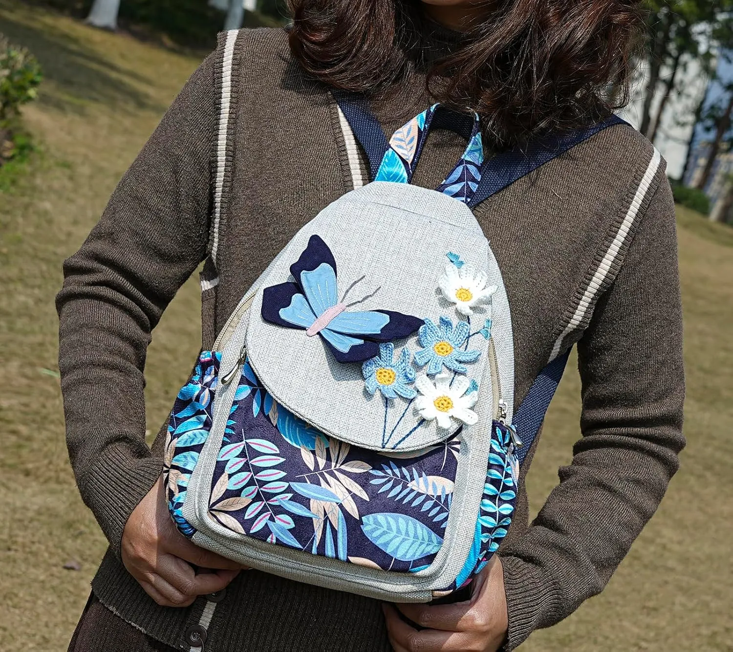 HUANGGUOSHU Women Cotton Woven Hippie Hemp Boho Canvas Embroidery Multi Pocket Retro Cute Backpack Wallet Backpack（Black butterfly）
