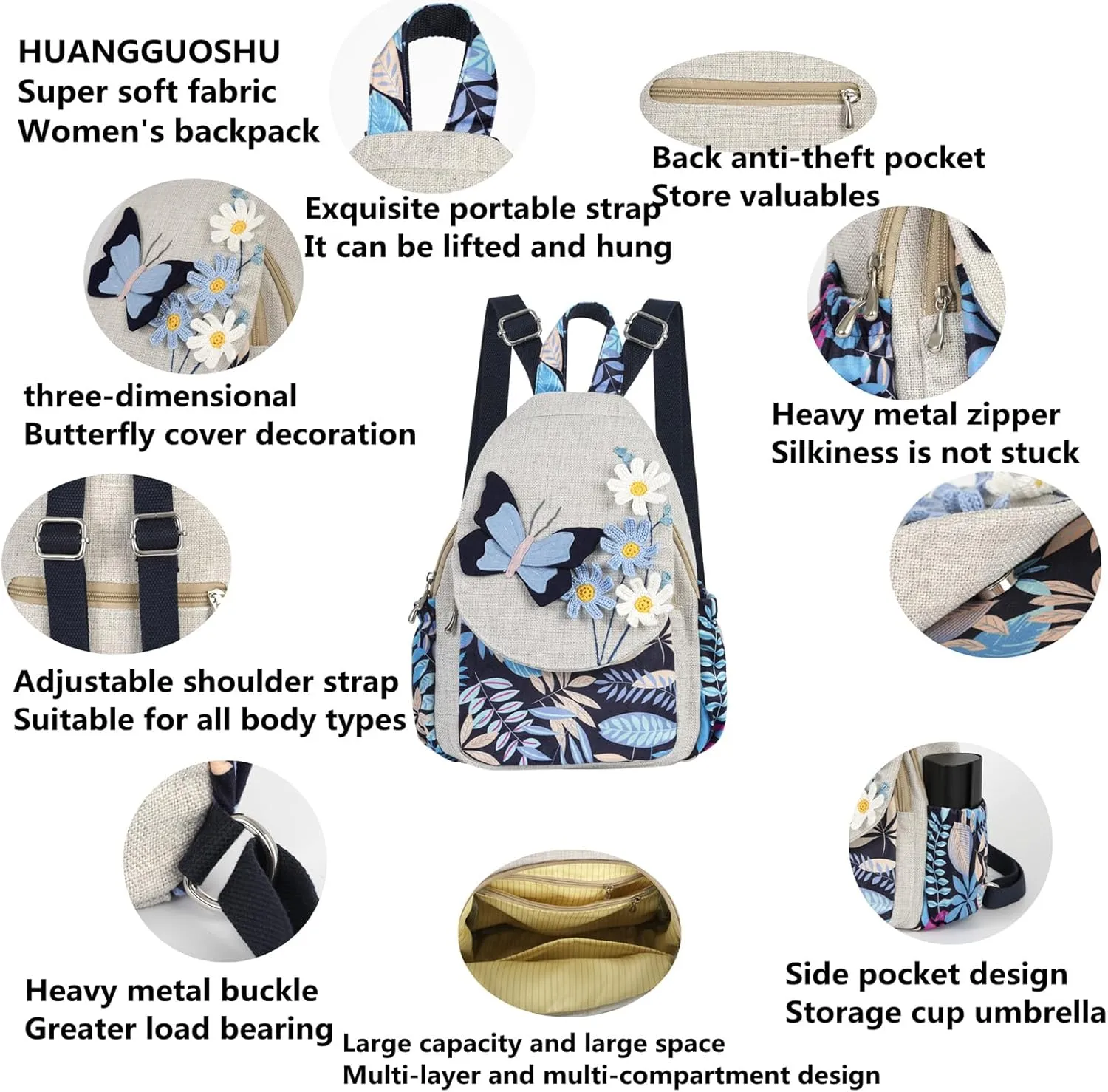 HUANGGUOSHU Women Cotton Woven Hippie Hemp Boho Canvas Embroidery Multi Pocket Retro Cute Backpack Wallet Backpack（Black butterfly）