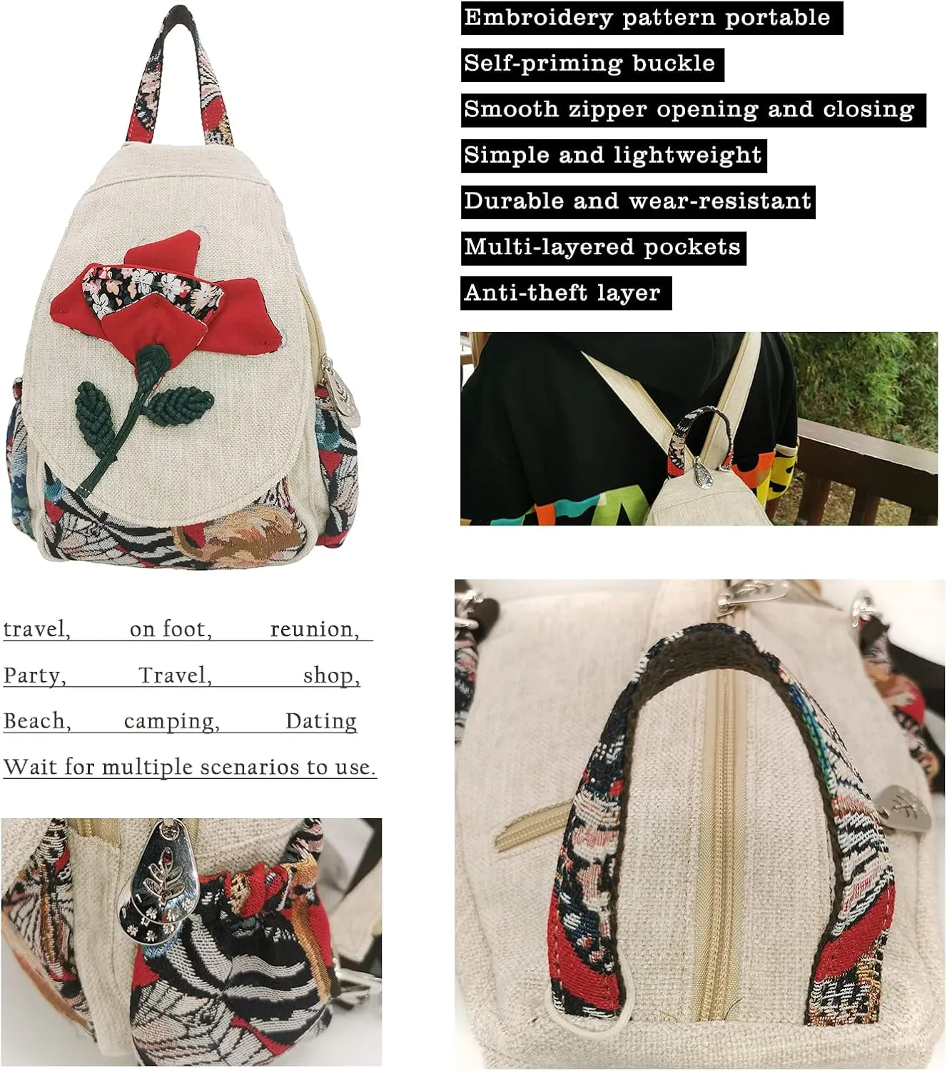 HUANGGUOSHU Women Cotton Woven Hippie Hemp Boho Canvas Embroidery Multi Pocket Retro Cute Backpack Wallet Backpack（Yutu Moon）