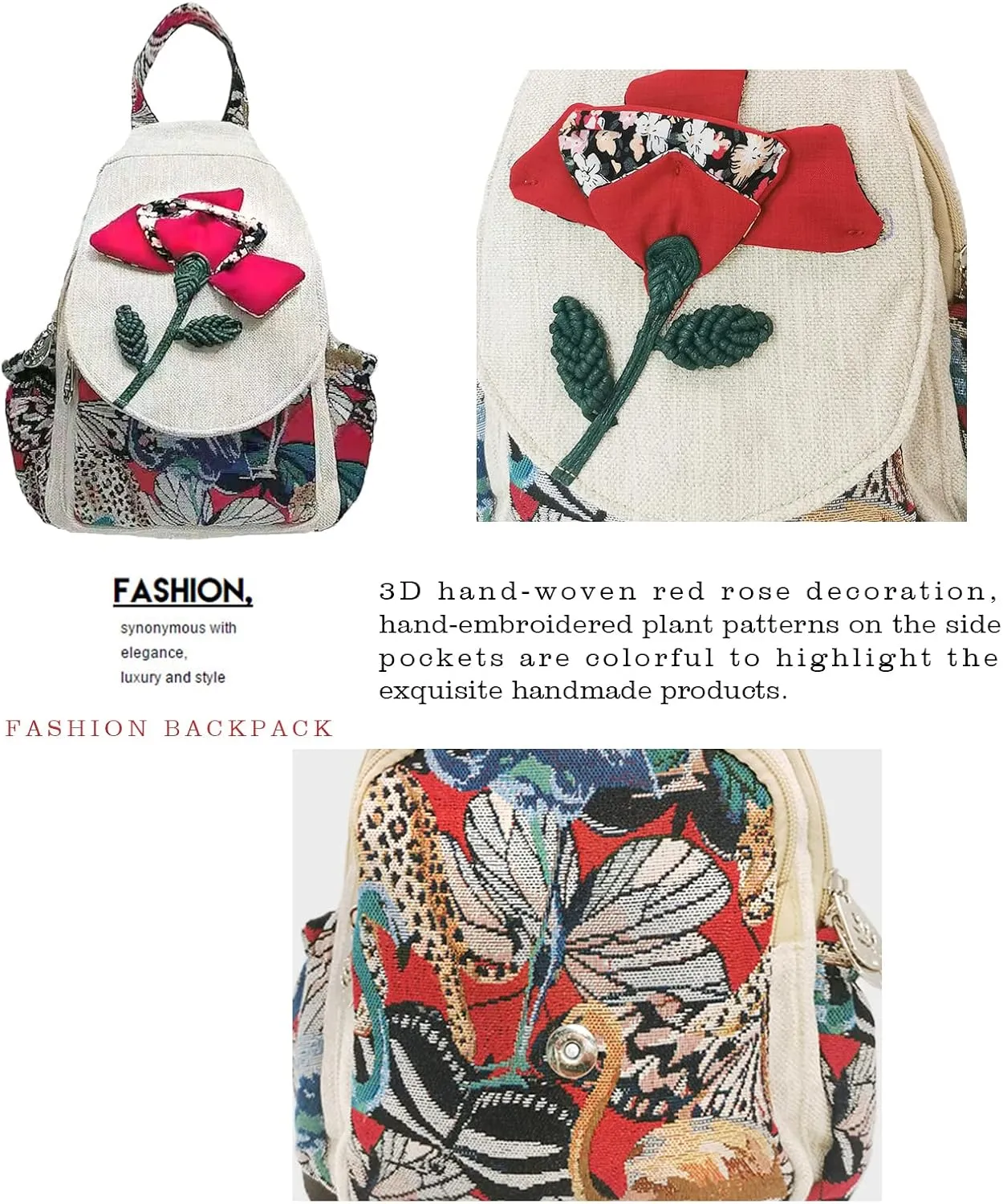 HUANGGUOSHU Women Cotton Woven Hippie Hemp Boho Canvas Embroidery Multi Pocket Retro Cute Backpack Wallet Backpack（Yutu Moon）