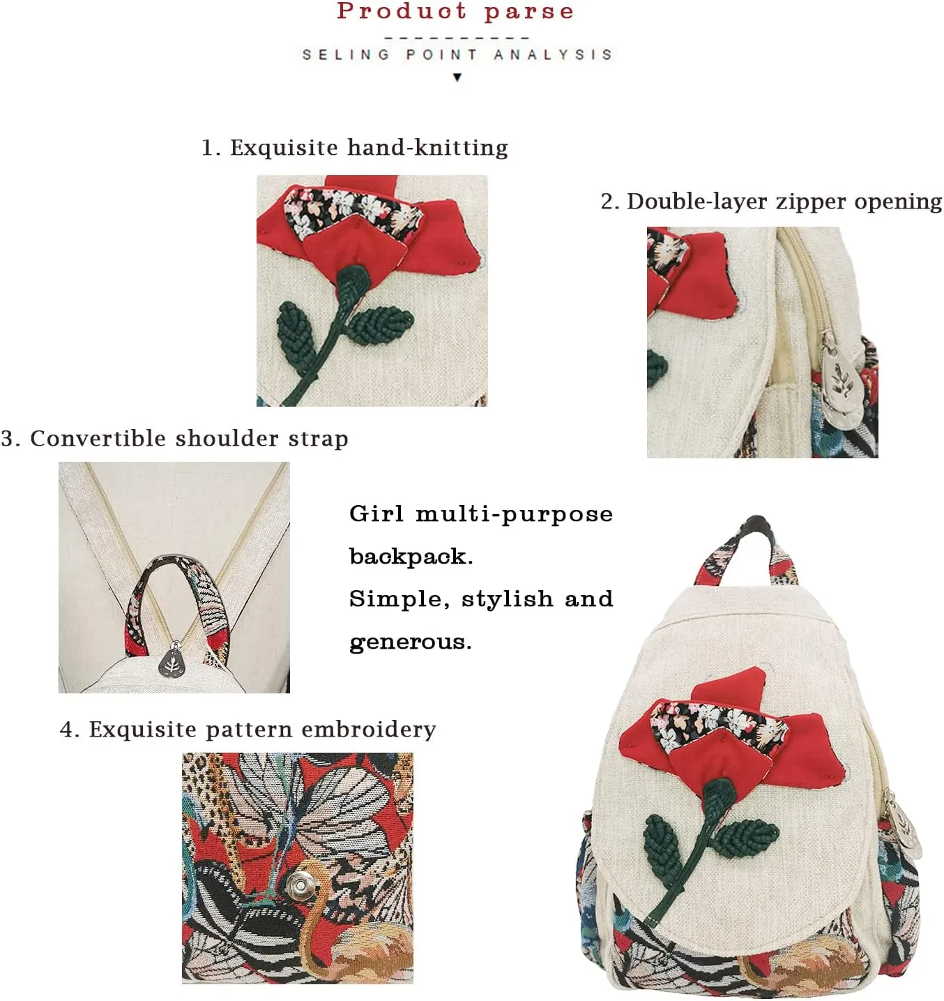 HUANGGUOSHU Women Cotton Woven Hippie Hemp Boho Canvas Embroidery Multi Pocket Retro Cute Backpack Wallet Backpack（Yutu Moon）