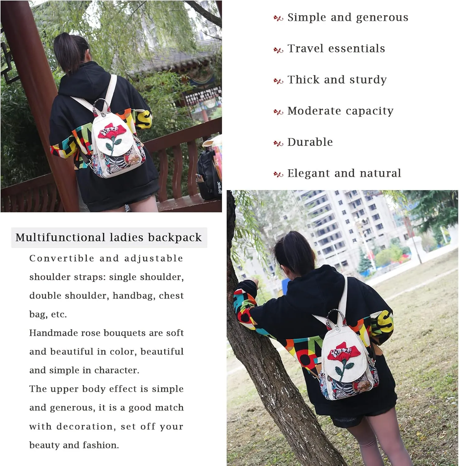 HUANGGUOSHU Women Cotton Woven Hippie Hemp Boho Canvas Embroidery Multi Pocket Retro Cute Backpack Wallet Backpack（Yutu Moon）