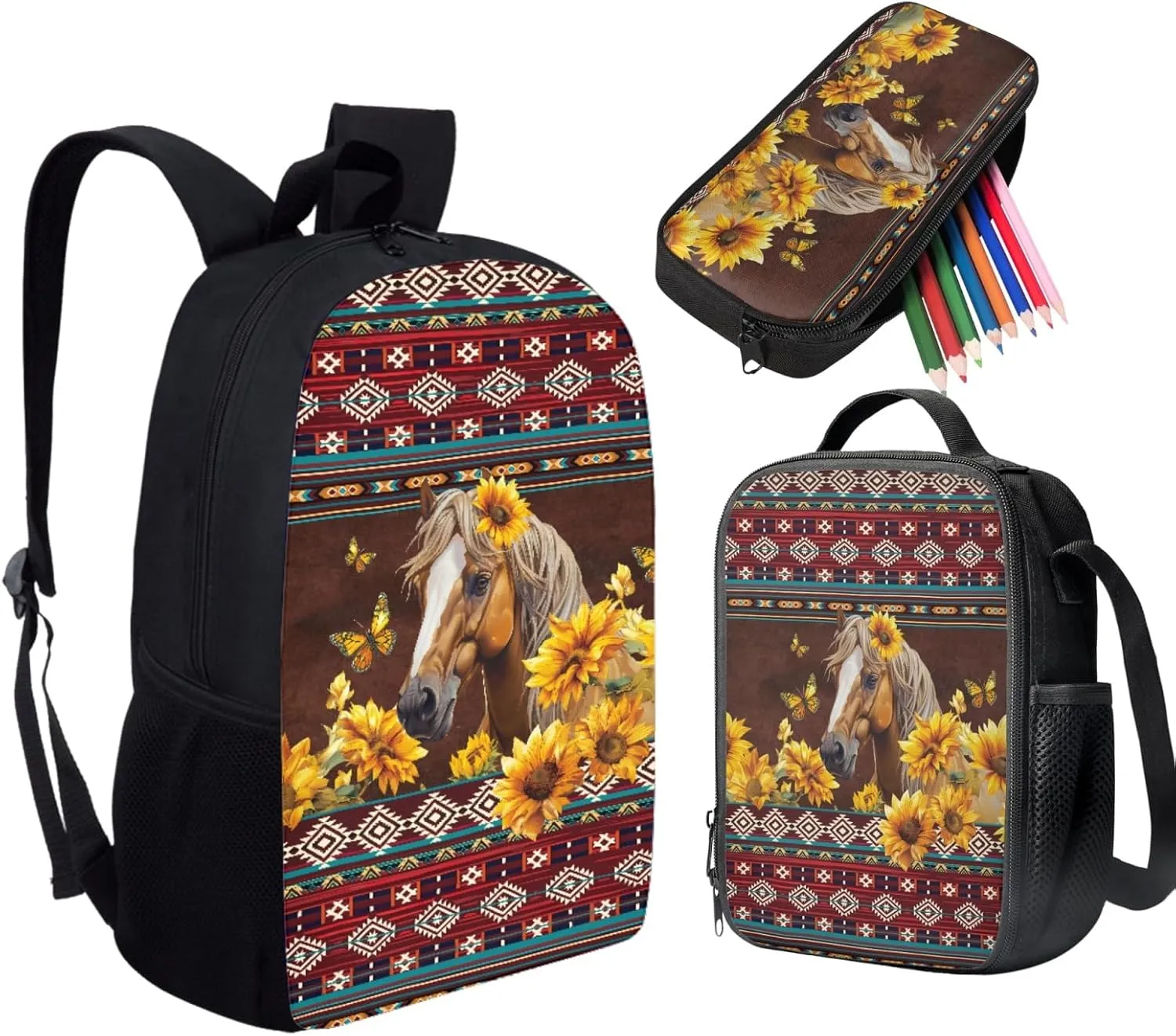 HUGS IDEA 3 Pcs School Bag Set with Thermal Insulated Lunch Tote Purse Pencil Case