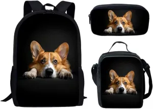 HUGS IDEA Black Corgi Print Cute 3 Pcs School Bags Set with Lunch Box Pencil Case Kid Backpack 17 inch Bookbag Primary Schoolbag for Girls Boys