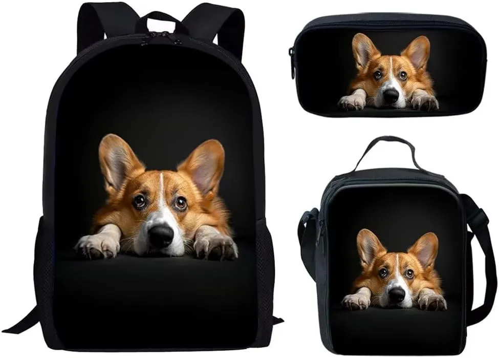 HUGS IDEA Black Corgi Print Cute 3 Pcs School Bags Set with Lunch Box Pencil Case Kid Backpack 17 inch Bookbag Primary Schoolbag for Girls Boys