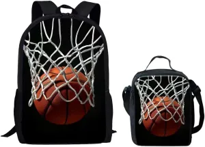 HUGS IDEA Boys Backpack Set Basketball Going Through the Net School Bags 2 Piece Laptop Schoolbag and Cooler Warm Lunch Tote Box