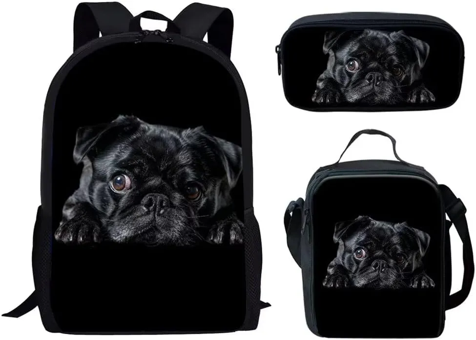 HUGS IDEA Cute 3 Pcs School Bag Set withLunch Box & Pencil Case Kid Black Pug Backpack for Boys Girls Lightweight 17 inch Bookbag Primary Middle School Shoulder Daypacks